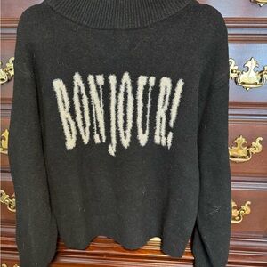 a new day Black Turtleneck Sweater with Bonjour Text